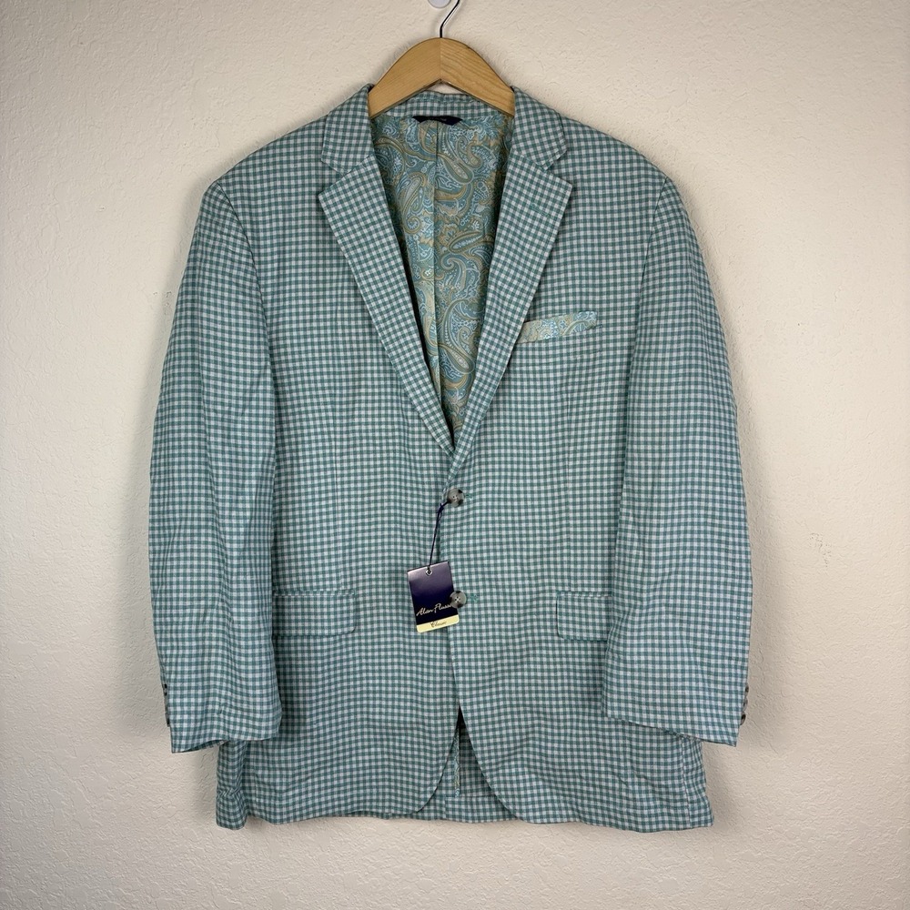 Alan Flusser XL Blazer Jacket Sports Coat Blue Gingham Linen Blend Preppy Check